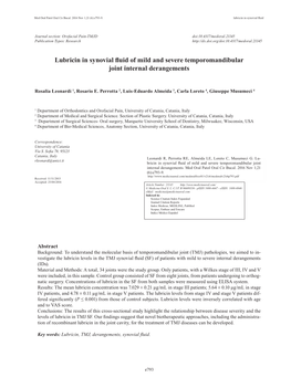 Lubricin in Synovial Fluid of Mild and Severe Temporomandibular Joint Internal Derangements