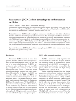 Paraoxonase (PON1): from Toxicology to Cardiovascular Medicine Lucio G