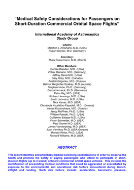 Medical Safety Considerations for Passengers on Short-Duration Commercial Orbital Space Flights”