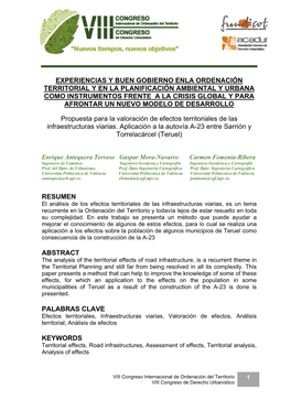 Propuesta Para La Valoración De Efectos Territoriales De Las Infraestructuras Viarias. Aplicación a La Autovía A-23 Entre Sarrión Y Torrelacárcel (Teruel)