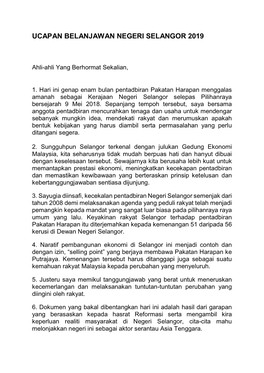 Ucapan Belanjawan Negeri Selangor 2019