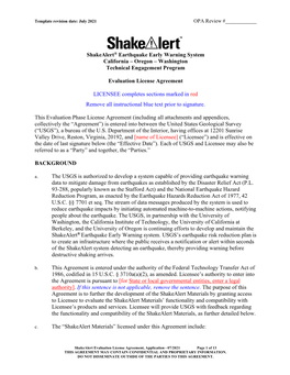 Shakealert® Earthquake Early Warning System California – Oregon – Washington Technical Engagement Program Evaluation Licens