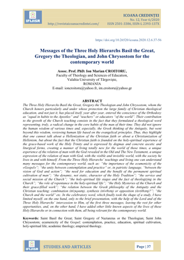 Messages of the Three Holy Hierarchs Basil the Great, Gregory the Theologian, and John Chrysostom for the Contemporary World