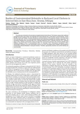 Burden of Gastrointestinal Helminths in Backyard Local Chickens in Selected Sites in East Shoa Zone, Oromia, Ethiopia
