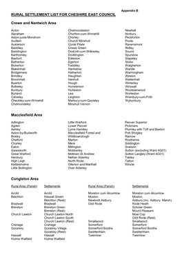 RURAL SETTLEMENT LIST for CHESHIRE EAST COUNCIL Crewe