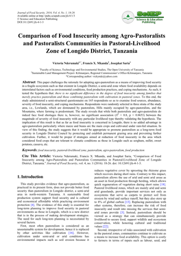Comparison of Food Insecurity Among Agro-Pastoralists and Pastoralists Communities in Pastoral-Livelihood Zone of Longido District, Tanzania