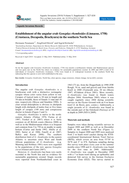 Establishment of the Angular Crab Goneplax Rhomboides (Linnaeus, 1758) (Crustacea, Decapoda, Brachyura) in the Southern North Sea