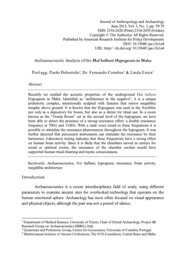 Archaeoacoustic Analysis of the Ħal Saflieni Hypogeum in Malta Prof