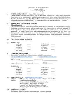 Gloucester City Board of Education August 5, 2021 Caucus Meeting Agenda