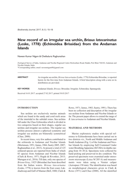 New Record of an Irregular Sea Urchin, Brissus Latecarinatus (Leske, 1778) (Echinoidea Brissidae) from the Andaman Islands