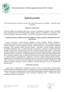 RYBÁRSKY PORIADOK SRZ Prievidza, Platný Od 1. Januára 2021