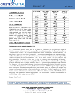 DAILY PRICE LIST 24Th June 2015