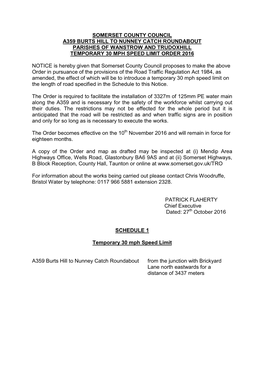 Somerset County Council A359 Burts Hill to Nunney Catch Roundabout Parishes of Wanstrow and Trudoxhill Temporary 30 Mph Speed Limit Order 2016