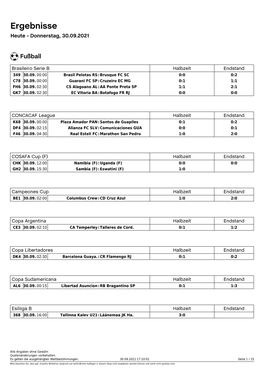 Ergebnisse Heute - Donnerstag, 30.09.2021