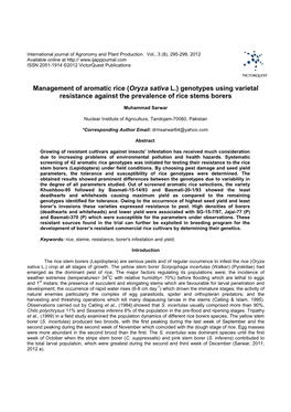 Management of Aromatic Rice (Oryza Sativa L.) Genotypes Using Varietal Resistance Against the Prevalence of Rice Stems Borers