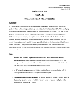 Environmental Law Case No. 1: Anne Anderson Et. Al. V. W.R. Grace Et Al. Summary Facts