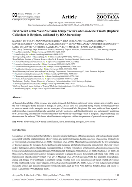 First Record of the West Nile Virus Bridge Vector Culex Modestus Ficalbi (Diptera: Culicidae) in Belgium, Validated by DNA Barcoding