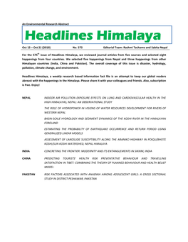 Headlines Himalaya, We Reviewed Journal Articles from Five Sources and Selected Eight Happenings from Four Countries