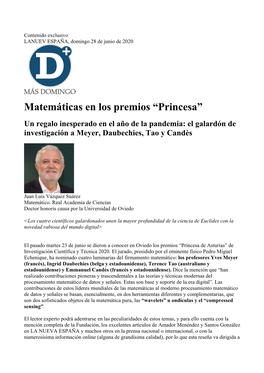 Matemáticas En Los Premios “Princesa” Un Regalo Inesperado En El Año De La Pandemia: El Galardón De Investigación a Meyer, Daubechies, Tao Y Candès