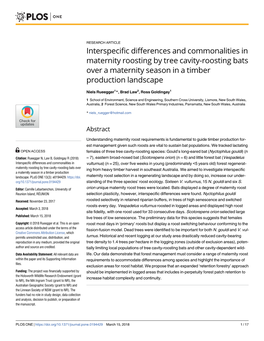 Interspecific Differences and Commonalities in Maternity Roosting by Tree Cavity-Roosting Bats Over a Maternity Season in a Timber Production Landscape