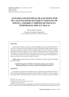 Análisis Longitudinal De Los Sitios Web De Las Estaciones De Esquí Y Montaña De España, Andorra Y Pirineo De Francia. Temporadas 2009-10 Y 2013-14