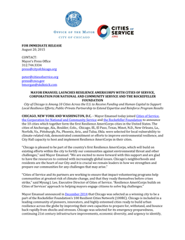 FOR IMMEDIATE RELEASE August 20, 2015 CONTACT: Mayor's Press
