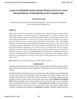 Long Term Rainfall Analysis During Monsoon Season for Some Selected Districts of Sub-Himalayan West Bengal, India