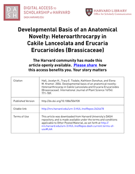 Developmental Basis of an Anatomical Novelty: Heteroarthrocarpy in Cakile Lanceolata and Erucaria Erucarioides (Brassicaceae)