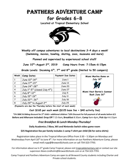Panthers Adventure Camp for Grades 6-8 Located at Tropical Elementary School