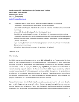 Le Très Honourable Premier Ministre Du Canada, Justin Trudeau Office of the Prime Minister 80 Wellington Street Ottawa, on K1A 0A2 Justin.Trudeau@Parl.Gc.Ca