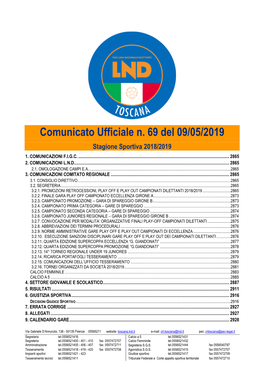 Comunicato Ufficiale N. 69 Del 09/05/2019