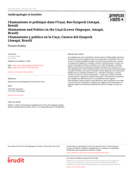 Chamanisme Et Politique Dans L'uaçá, Bas-Oyapock (Amapá, Brésil)