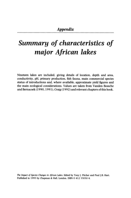 Summary of Characteristics of Major African Lakes