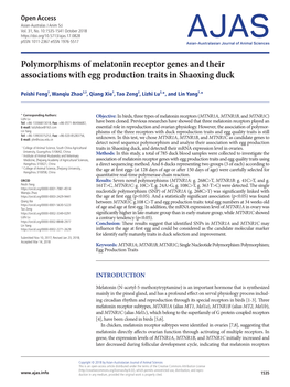 Polymorphisms of Melatonin Receptor Genes and Their Associations with Egg Production Traits in Shaoxing Duck