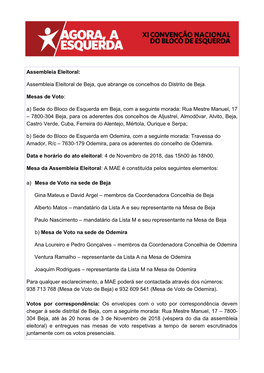 Assembleia Eleitoral De Beja, Que Abrange Os Concelhos Do Distrito De Beja. Mesas De Voto