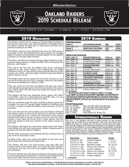 Oakland Raiders 2019 Schedule Release