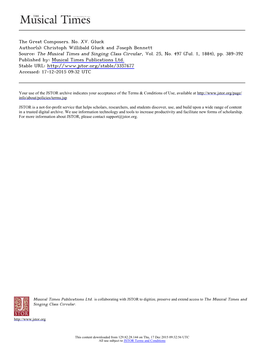 The Great Composers. No. XV. Gluck Author(S): Christoph Willibald Gluck and Joseph Bennett Source: the Musical Times and Singing Class Circular, Vol
