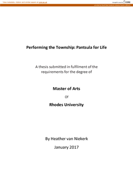 Performing the Township: Pantsula for Life Master of Arts Rhodes University