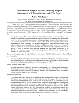 Homosexuals in a Glass of Blessings and 1950S England Part 2: Nick Turner Paper Presented at the Annual General Meeting of the Barbara Pym Society St