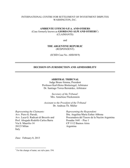 INTERNATIONAL CENTRE for SETTLEMENT of INVESTMENT DISPUTES WASHINGTON, D.C. AMBIENTE UFFICIO S.P.A. and OTHERS (Case Formerly Kn