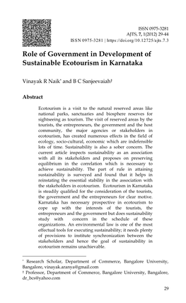 Role of Government in Development of Sustainable Ecotourism in Karnataka