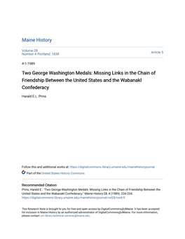Two George Washington Medals: Missing Links in the Chain of Friendship Between the United States and the Wabanakl Confederacy