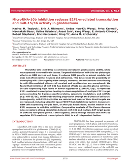 Microrna-10B Inhibition Reduces E2F1-Mediated Transcription and Mir-15/16 Activity in Glioblastoma