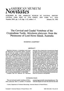 The Cervical and Caudal Vertebrae of the Cryptodiran Turtle, Melolania Platyceps, from the Pleistocene of Lord Howe Island, Australia