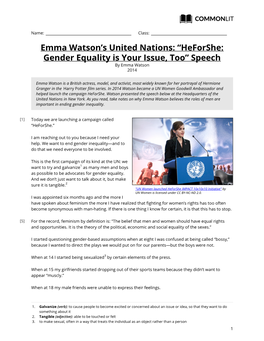 Commonlit | Emma Watson's United Nations: “Heforshe: Gender Equality Is Your Issue, Too” Speech
