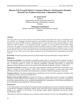 Bottom of the Pyramid Market's Consumer Behavior with Regards to Branded Personal Care Products in Karachi: a Quantitative