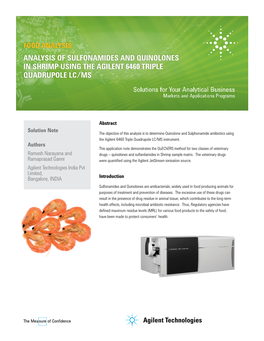 Analysis of Sulfonamides and Quinolones in Shrimp Using the Agilent 6460 Triple Quadrupole Lc/Ms