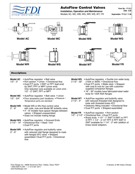 Autoflow Control Valves Form No.: F113.3 Installation, Operation and Maintenance Date: 8.06 Models AC, MC, WB, WG, WR, WS, WT, YR Supersedes: F113.2 11.98