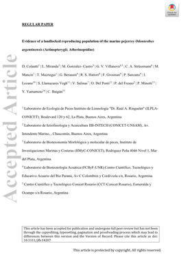 Evidence of a Landlocked Reproducing Population of the Marine Pejerrey Odontesthes Argentinensis (Actinopterygii; Atherinopsidae)