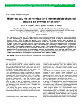 Histological, Histochemical and Immunohistochemical Studies on Thymus of Chicken